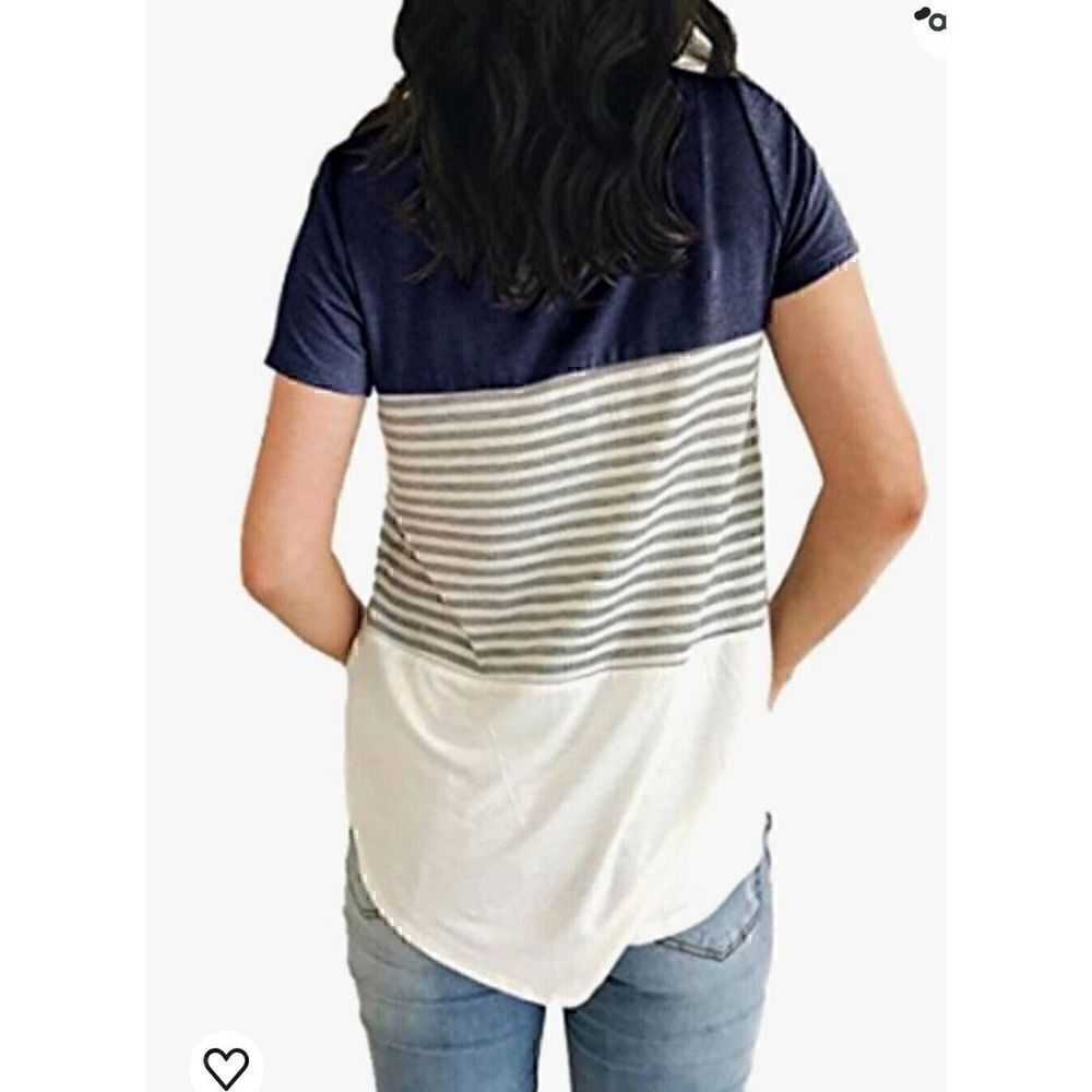 Yun Jey Women's Blue White Grey Stripe Short Sleeve T- Shirt - Size Large - Picture 2 of 8
